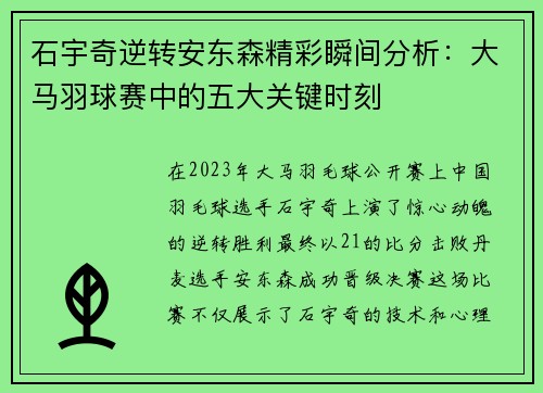 石宇奇逆转安东森精彩瞬间分析：大马羽球赛中的五大关键时刻